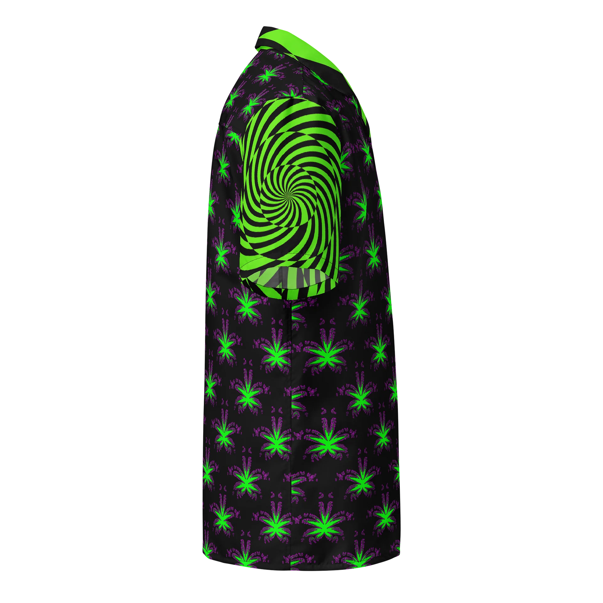Retro Raver Stoner Button Shirt, Psychedelic Spiral Cannabis Clothes, Trippy Pot Leaf Art 420 Top, Black Neon Green Weird Weed EDM Rave Wear product image (5)