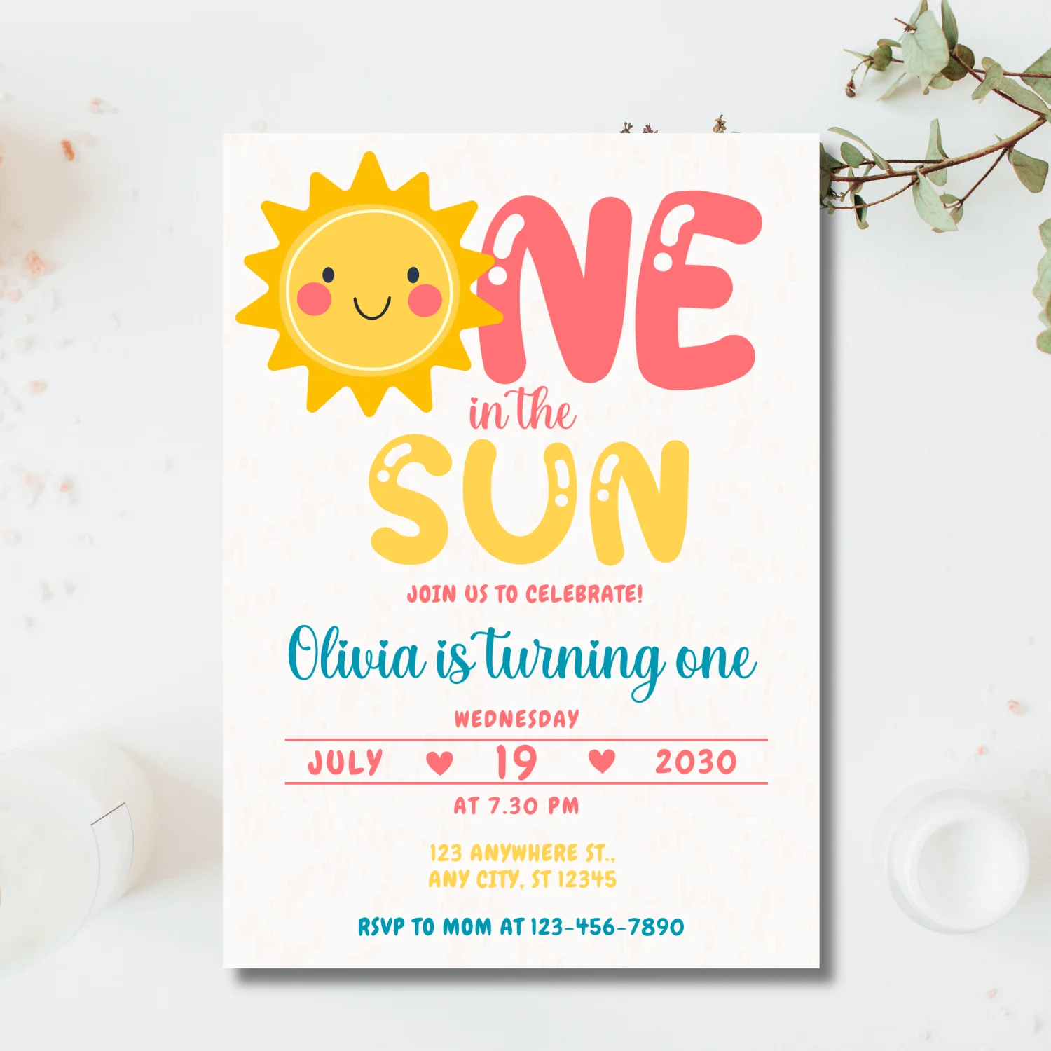 One in the Sun First Birthday Invitation | Editable Canva Template | Summer 1st Birthday Girl Invite | Sunshine Theme | Digital Download product image (4)