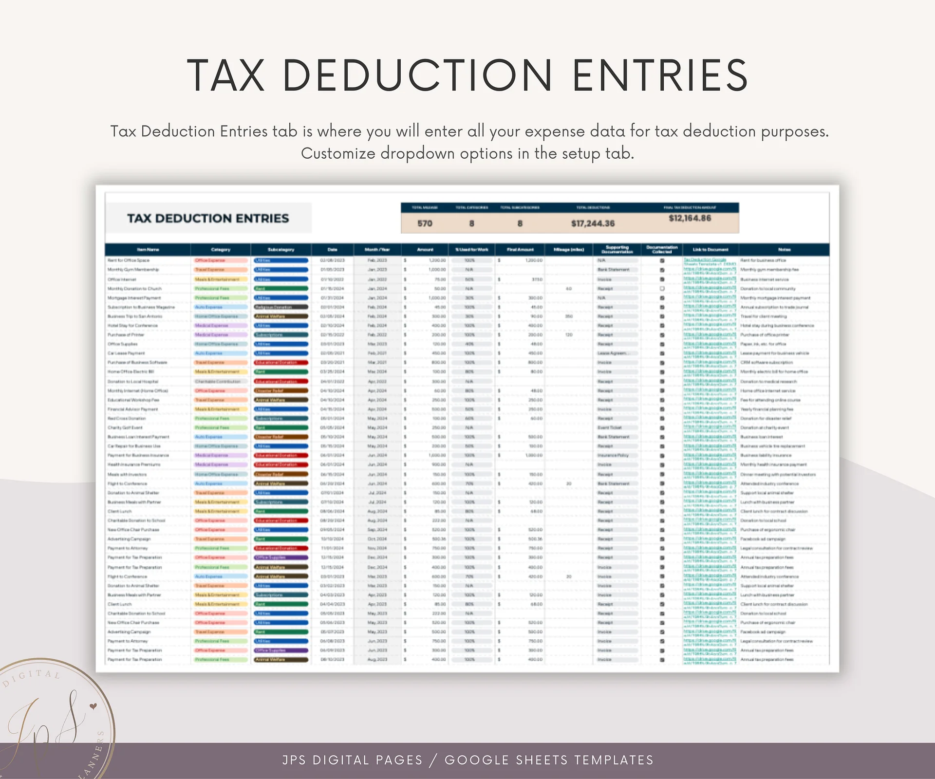 Tax Deductions Tracker & Dashboard Spreadsheet, Google Sheets Template product image (5)