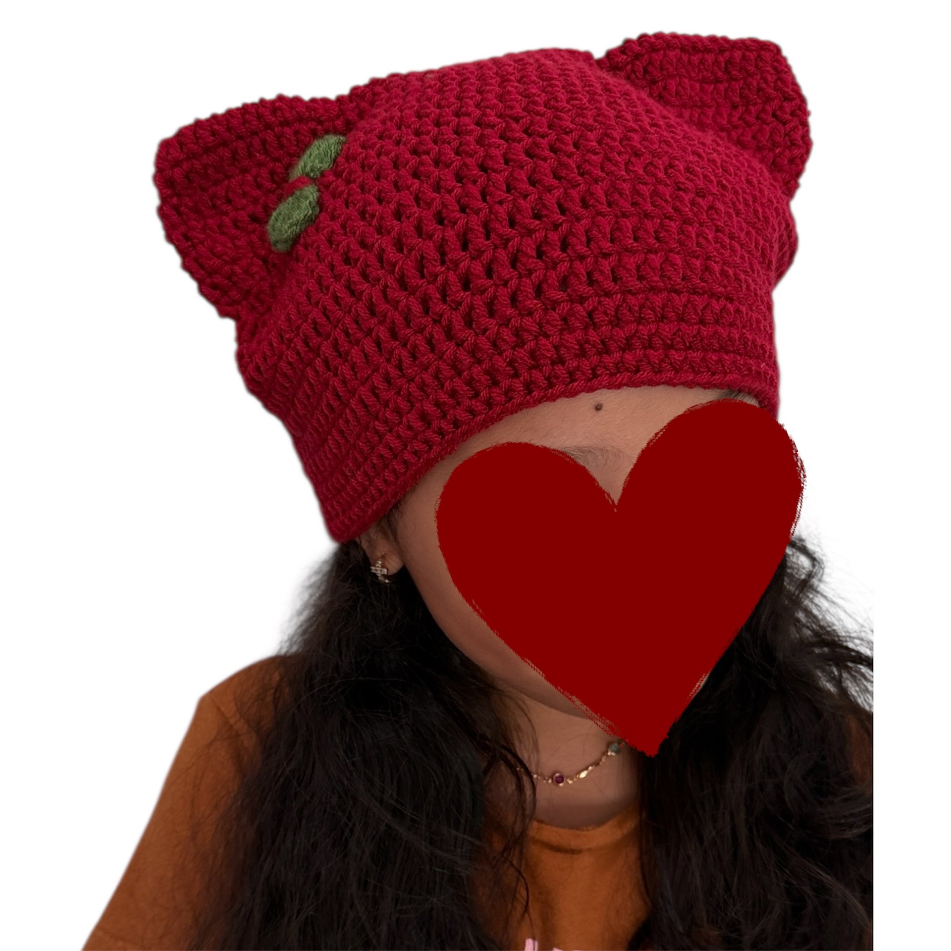 Winter Crochet Custom Cat Ear Bennie Red with green bow - for kids 6-12 yo. product image (4)