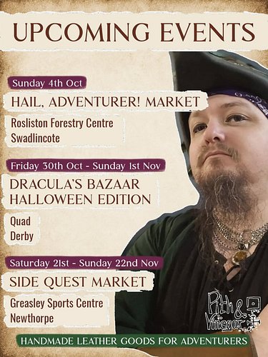 Here's where this pirate will be making port over the next couple of months, ready for all your adventuring needs!

#leatherw...