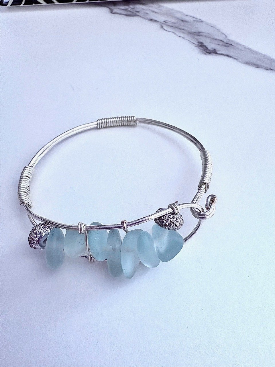 MFD-00201 | Seafoam Pebble Tide Bracelet | Wire-Wrapped Sea Glass | Handmade 7" Coastal Charm by Monique Faella Designs™ product image (2)