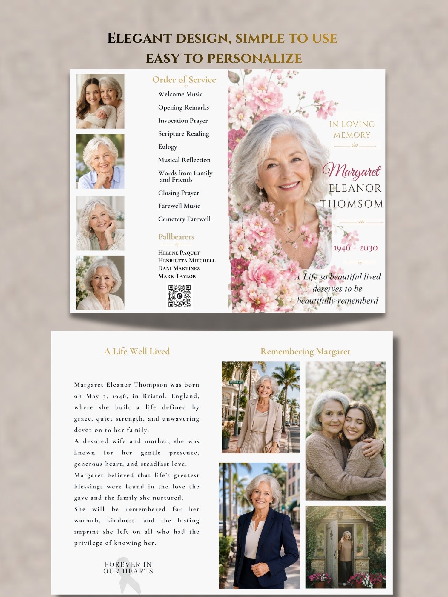 Celebration of Life Program for Woman | Funeral Obituary Canva Template with Mobile Version & QR Code product image (2)