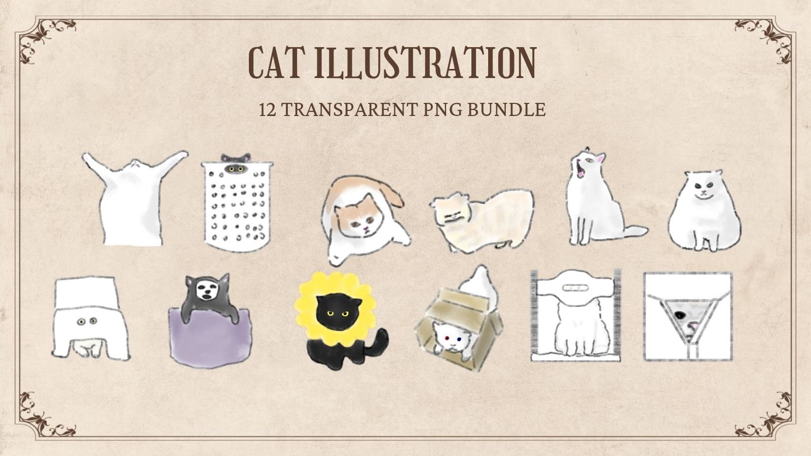 12 Hand-Drawn Cat PNG Clipart Bundle product image (1)