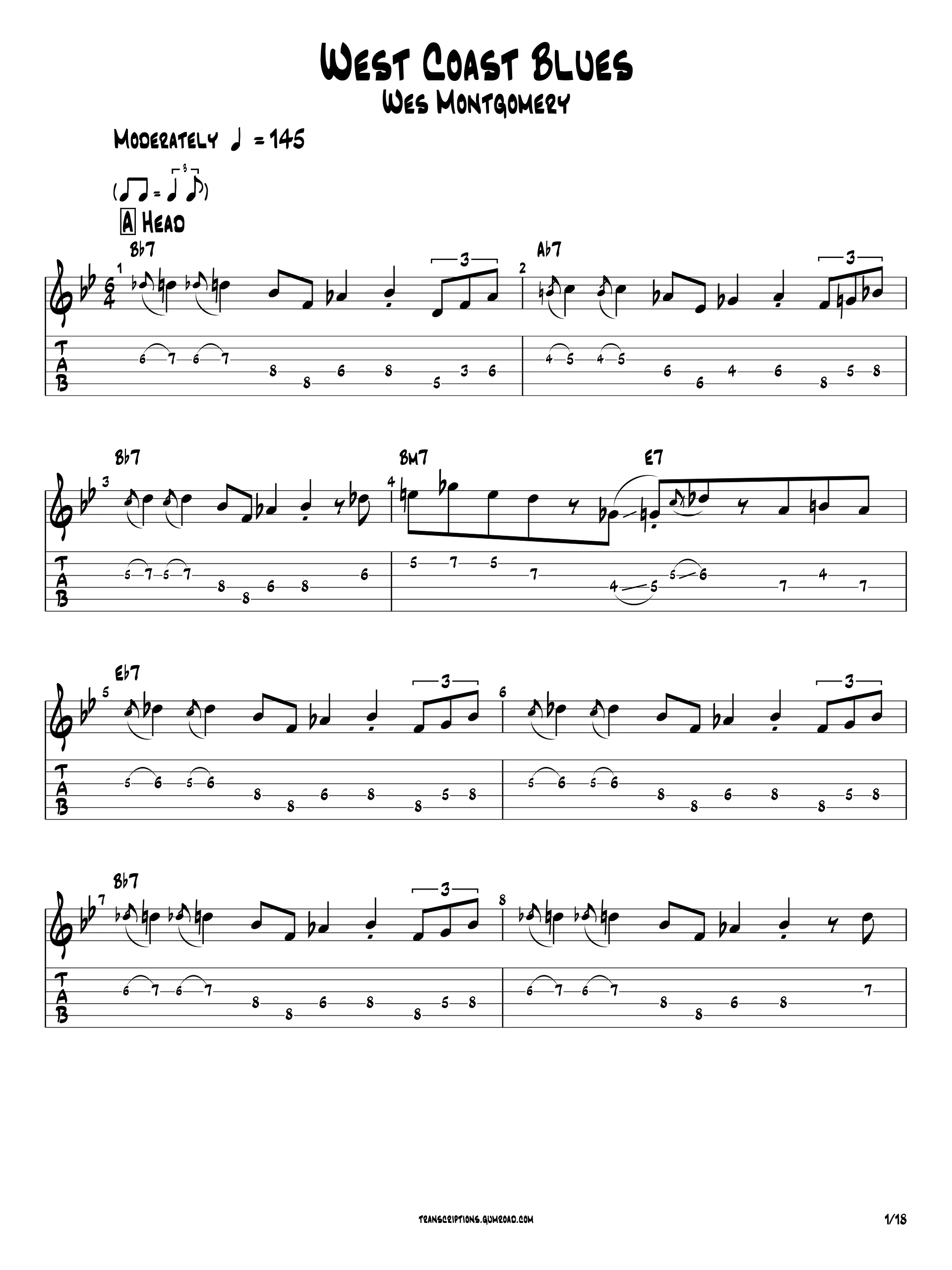 West Coast Blues – Wes Montgomery | Guitar Transcription PDF (Notation + TAB) + Guitar Pro File product image (2)