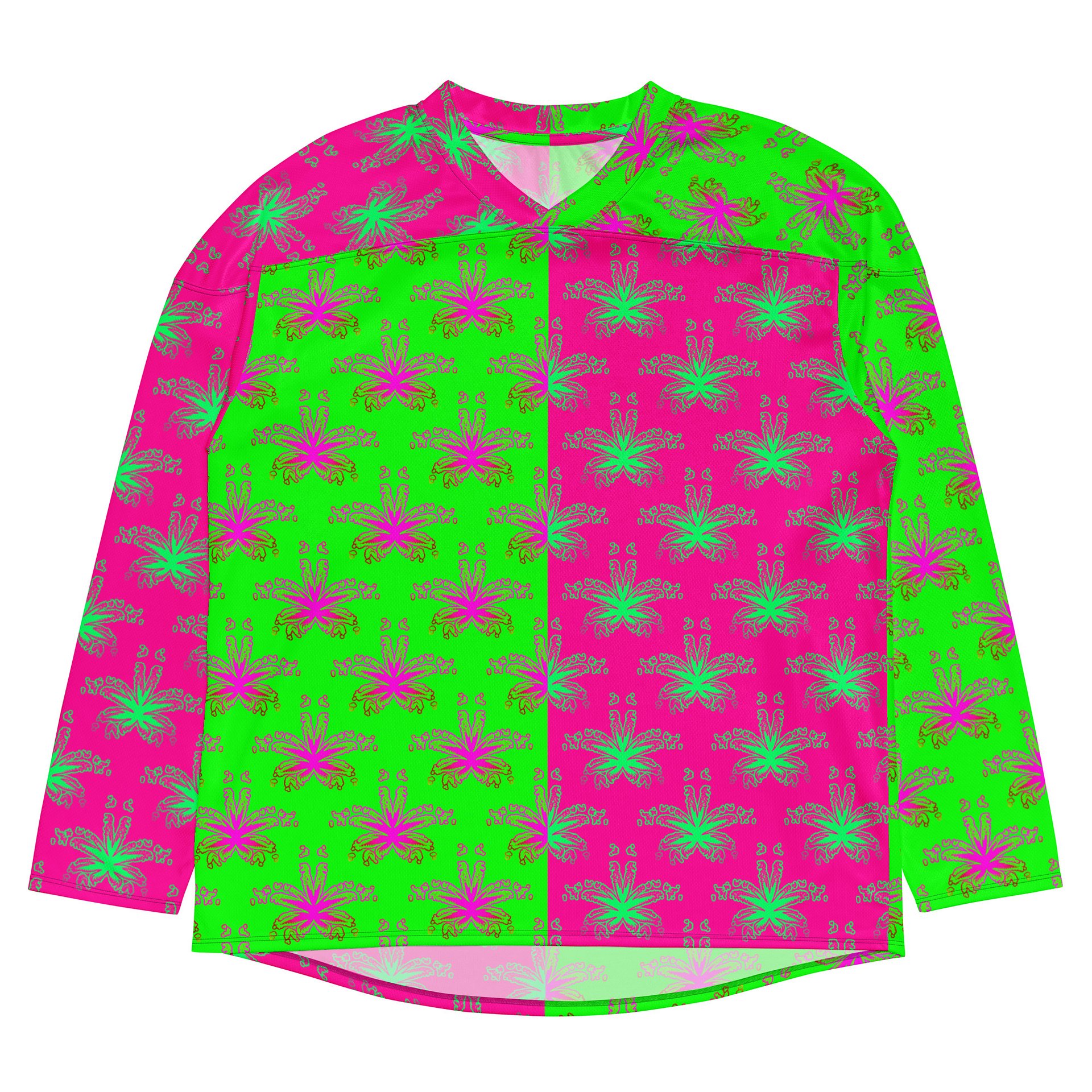 Pot Leaf Stoner Hockey Jersey, 420 Weed Rave Wear, Hot Pink Neon Green Ganja Cannabis Clothing, Pothead Party Festival Fashion product image (1)