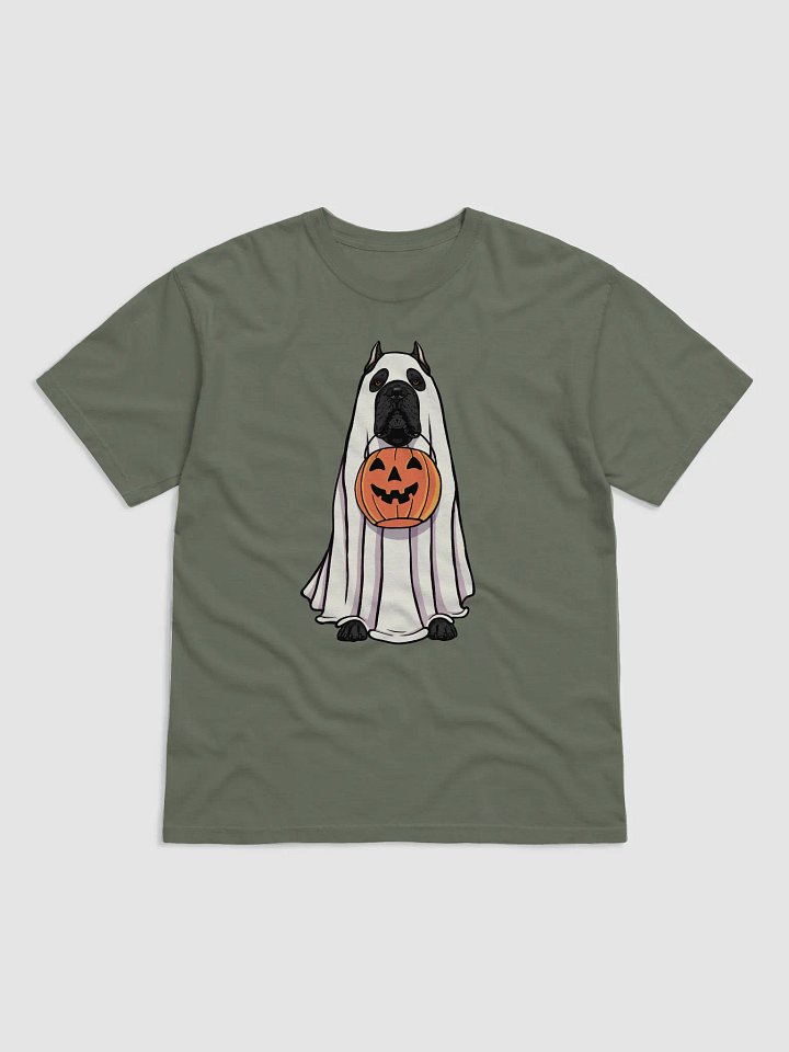 Funny Halloween Cane Corso(Black) T-Shirt | Funny Cane Corso Wearing a Ghost Costume and Holding a Pumpkin Basket product image (1)