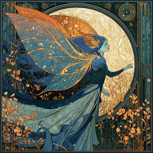 She moves through the threshold between seasons, her wings catching starlight and autumn's last breath. The leaves spiral aro...
