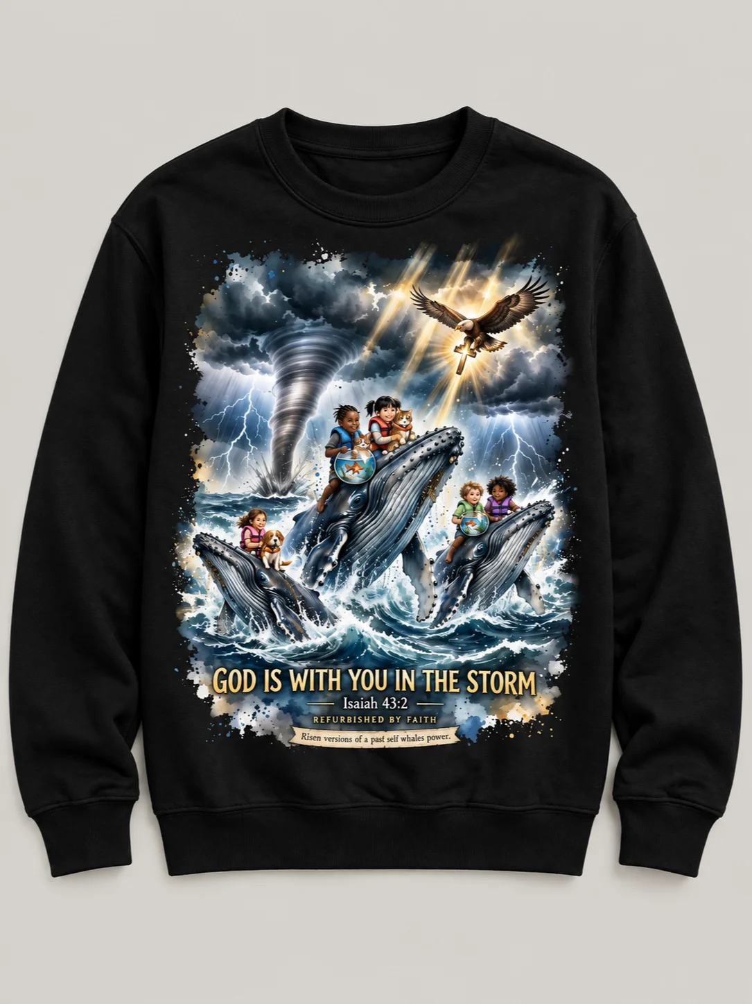 God Is With You in the Storm Kids Christian Sweatshirt | Isaiah 43:2 Whale Faith Crewneck | Christian Youth Sweatshirt | Refurbished by Faith Kids product image (2)