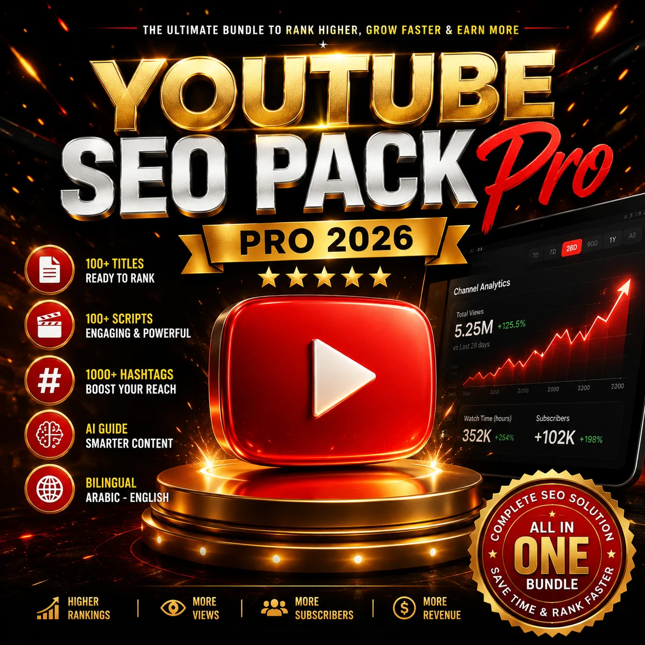 YouTube SEO Pack Pro 2026 | Titres + Scripts + Hashtags + IA product image (1)