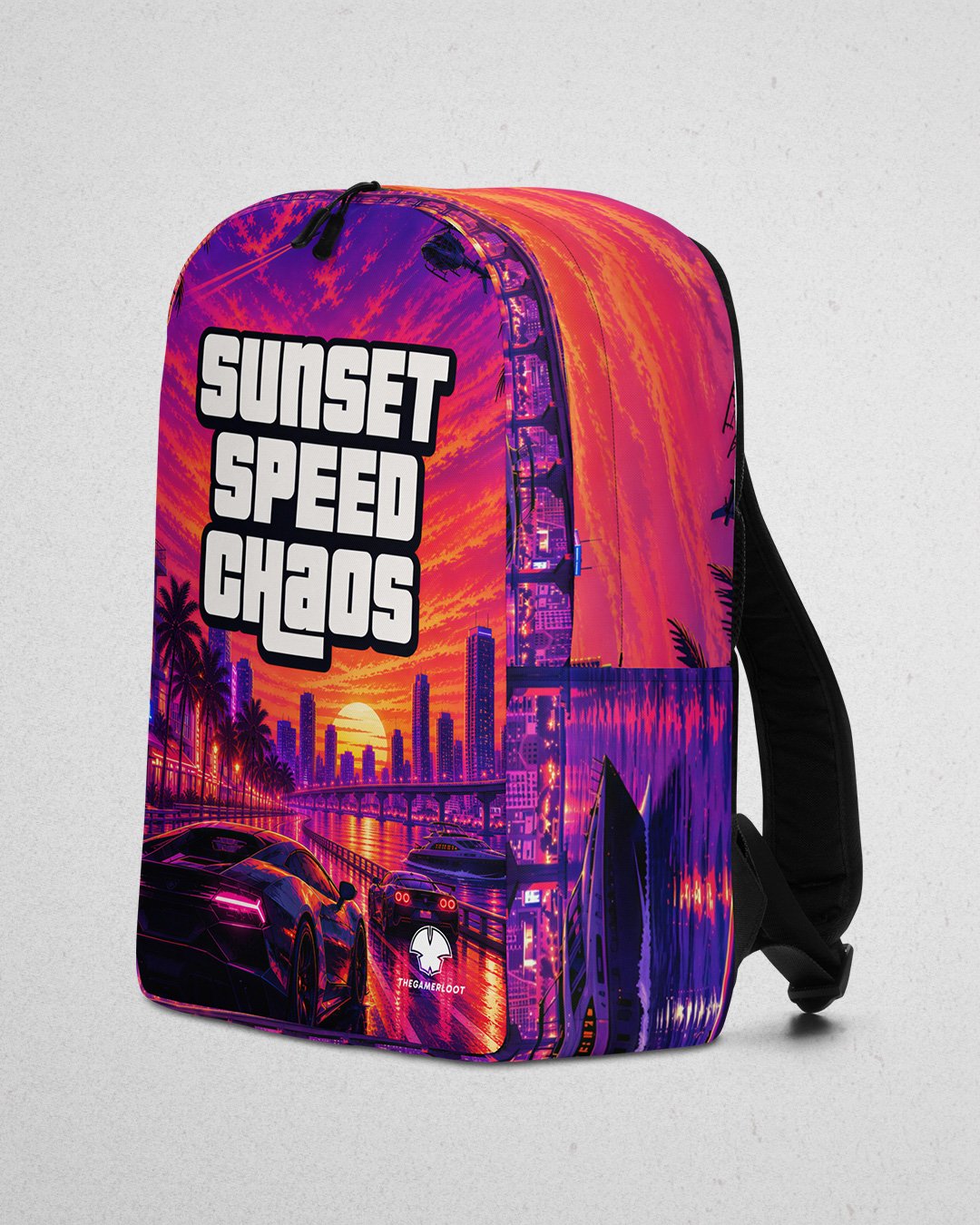 Sunset Speed Chaos Neon City Minimalist Backpack – Retro Street Racing All-Over Print product image (1)