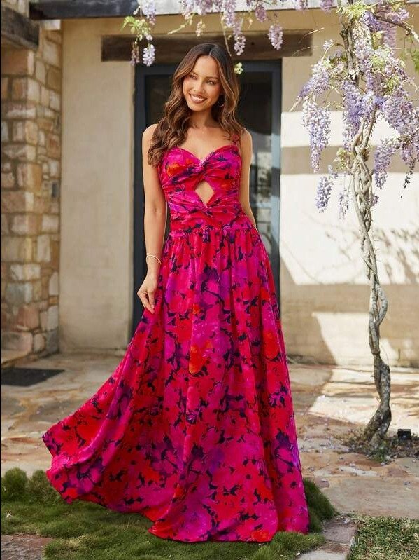 ADLEST Floral Print Twist Hollow-Out Split Thigh Cami Maxi Dress,Valentine Day Dress,Vacation Outfits Woman product image (1)