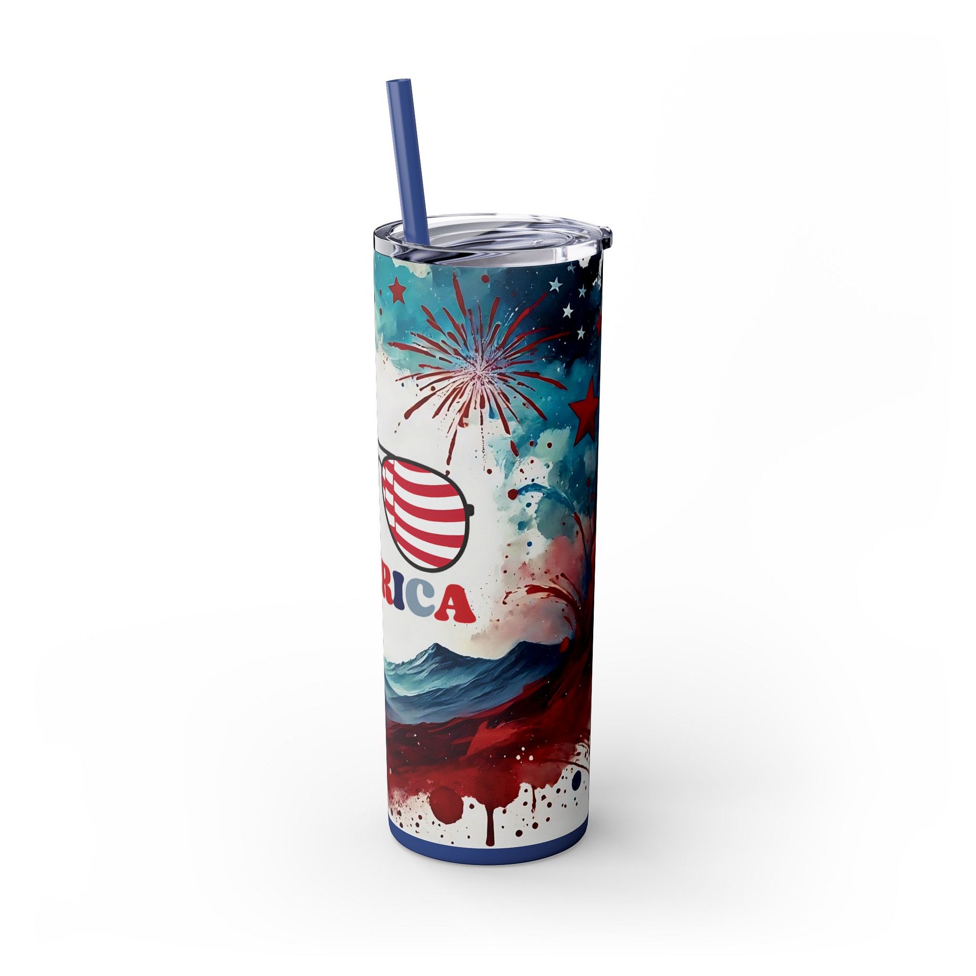 Patriotic 4th of July Tumbler Wrap | America Sunglasses Sublimation PNG | Red White Blue Fireworks 20oz Skinny Tumbler Design product image (7)