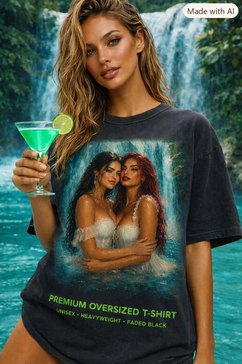 Lesbian Pride T-Shirt, LGBTQ Wedding Gift, Romantic Waterfall Art, Oversized Vintage Graphic Tee product image (1)