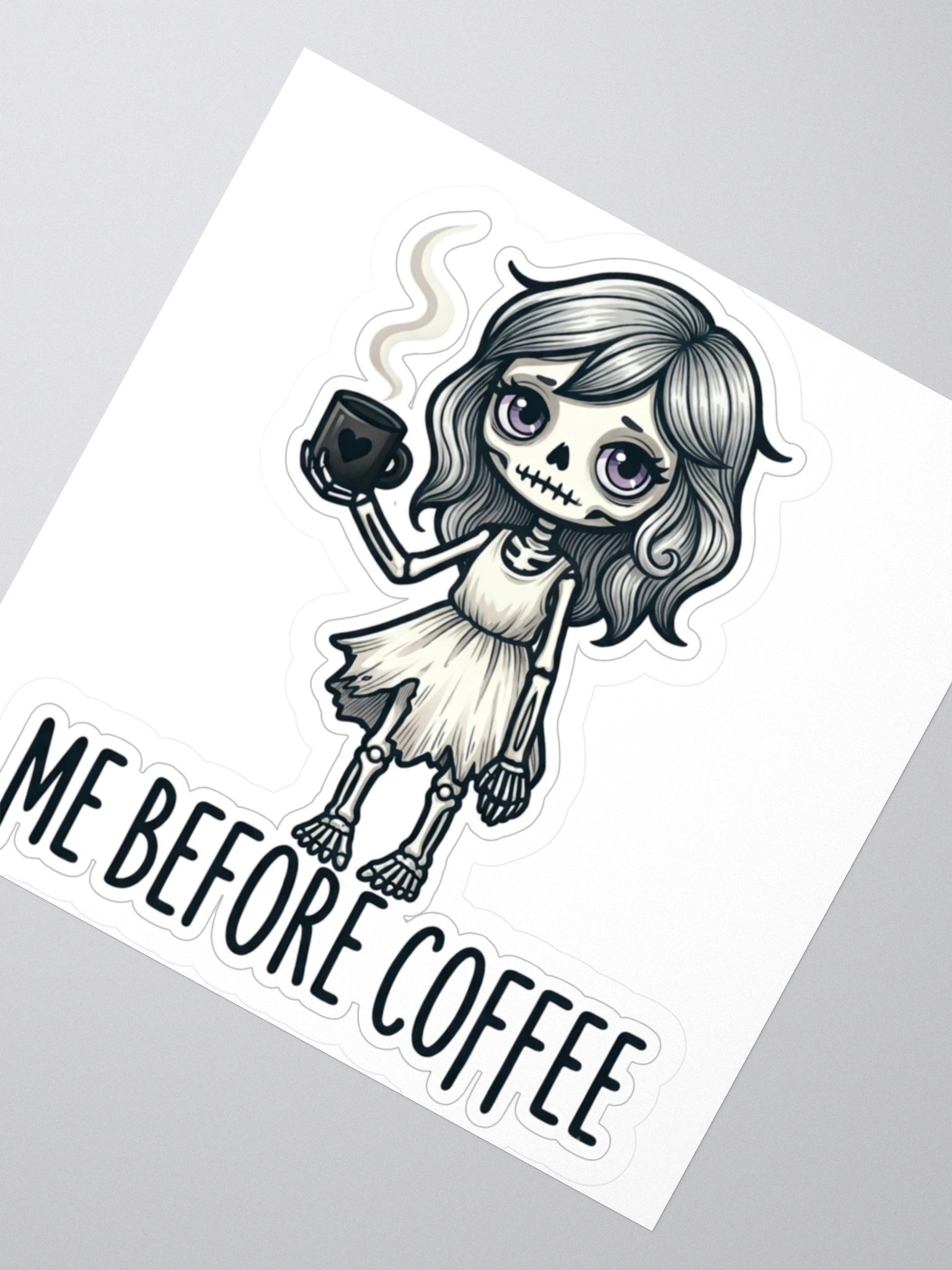"Me Before Coffee" Skeleton Girl Kiss-Cut Sticker | Me Before Coffee Collection product image (1)