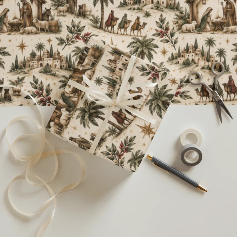 Rustic Faith Christmas Wrapping Paper Collection | Christian Nativity, Cross & Scripture Gift Wrap product image (3)