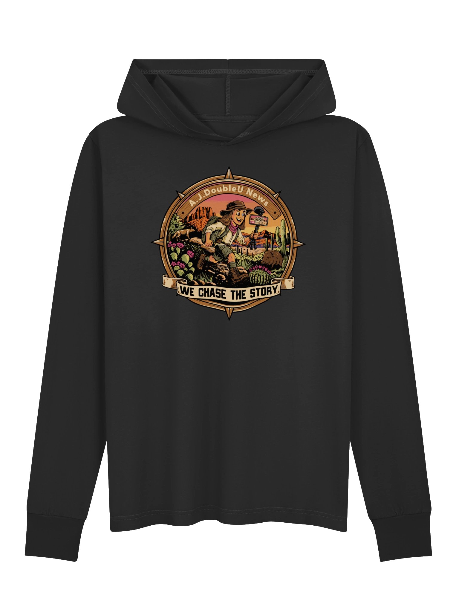 BLACK Long Sleeve T-Shirt With Hoodie - A.J. DoubleU News Adventure Badge product image (1)