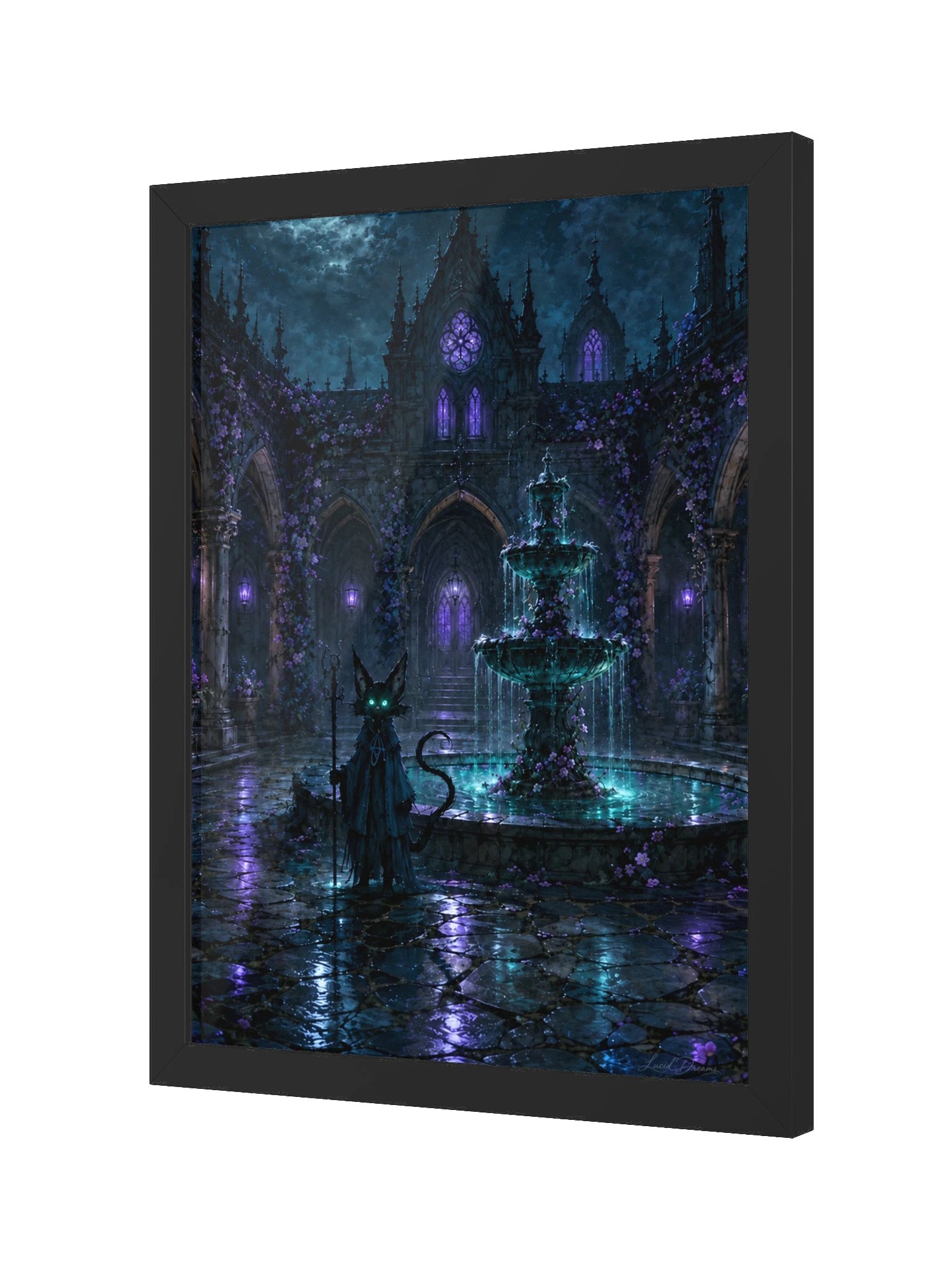 Gothic Courtyard & Black Cat Framed Art Print — The Courtyard of Silent Fountains product image (6)