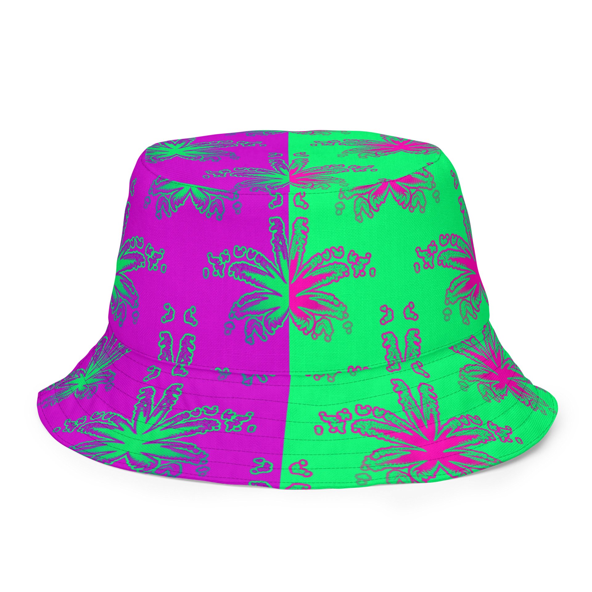 Green Purple Pot Leaf Pattern Reversible Bucket Hat, Cannabis Summertime 420 Fashion Accessory product image (2)