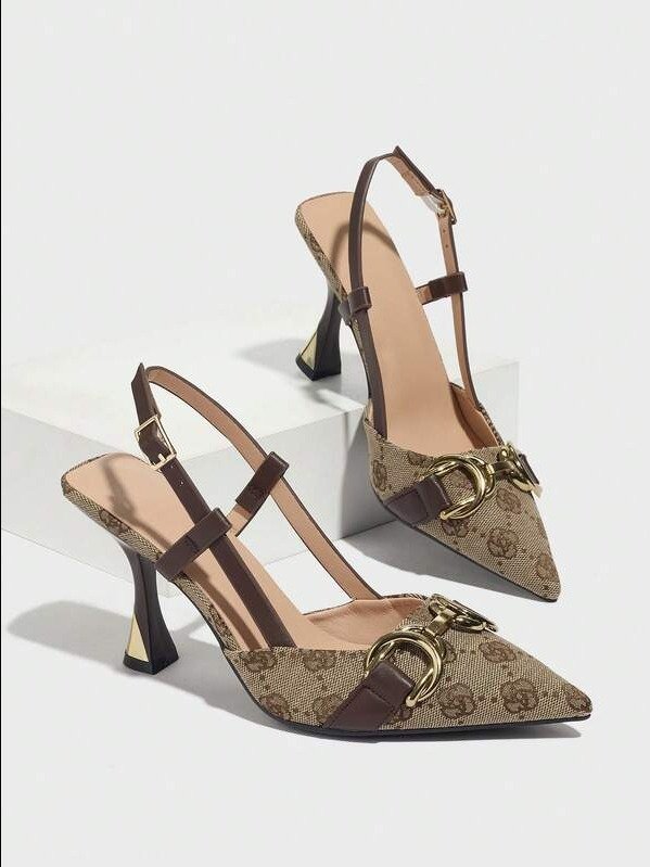 Women's Retro Floral Pattern Chain Decor Pointed Toe Closed Toe Back Strap Chunky High Heel Pumps, Elegant Comfortable Outdoor Daily product image (1)