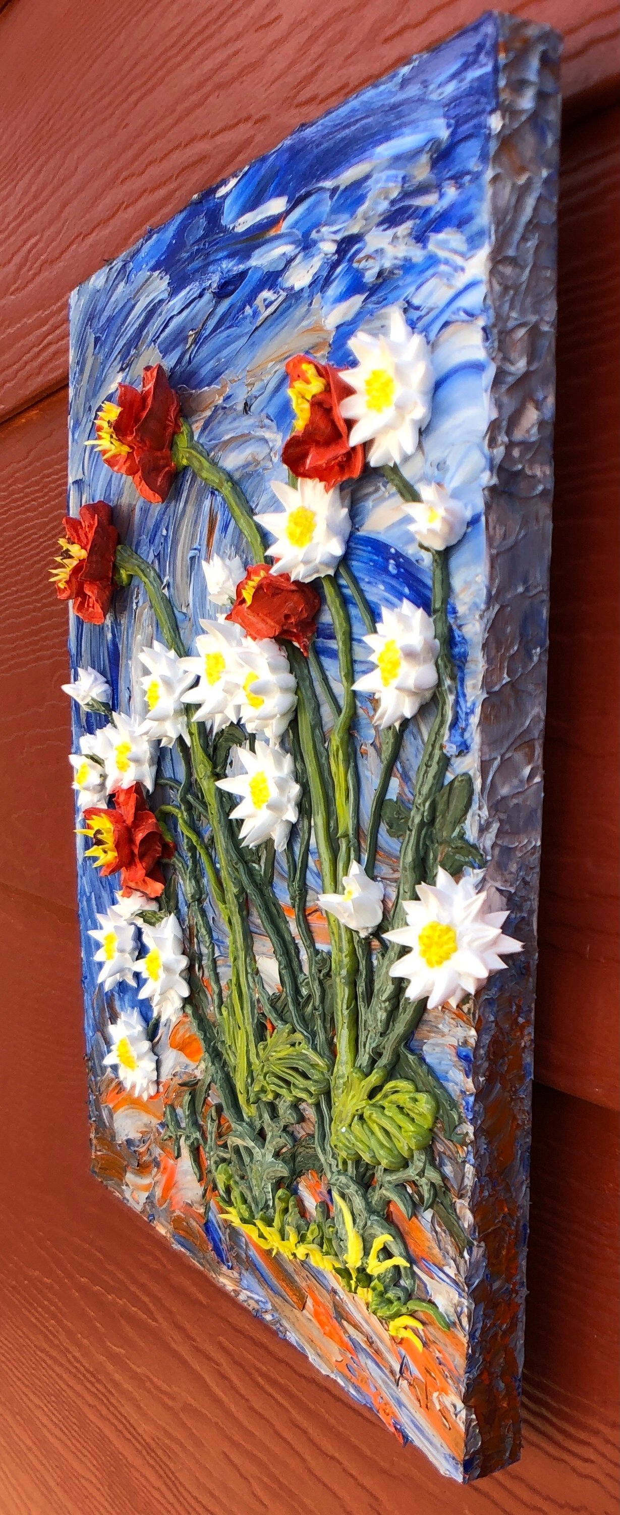 12 x 16" birch wood panel acrylic painting of sculptural daisies and poppies product image (4)