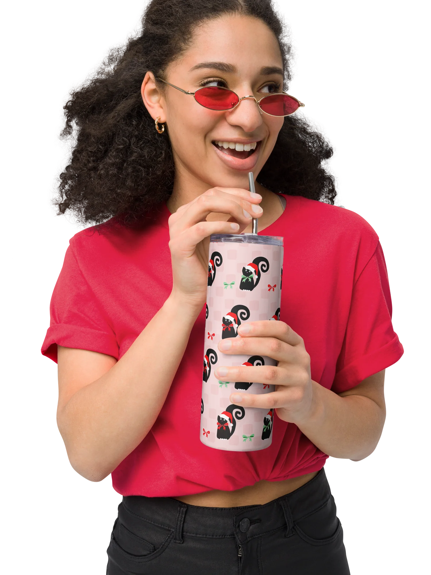 Christmas Kitties in a Row 20 oz Stainless Steel Tumbler with Straw - Pink product image (7)
