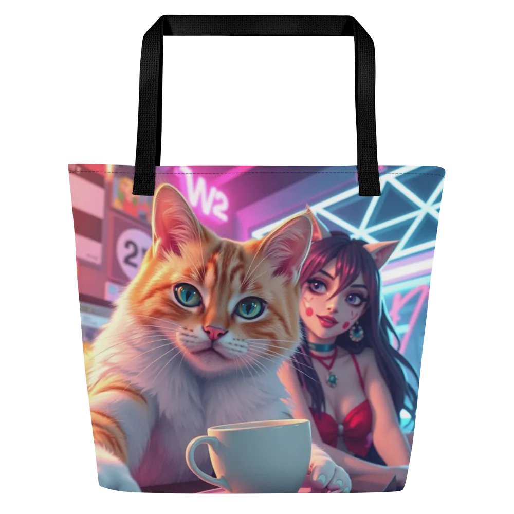 Large Tote Bag W/Pocket-Neon Nights & Cat Delights product image (3)