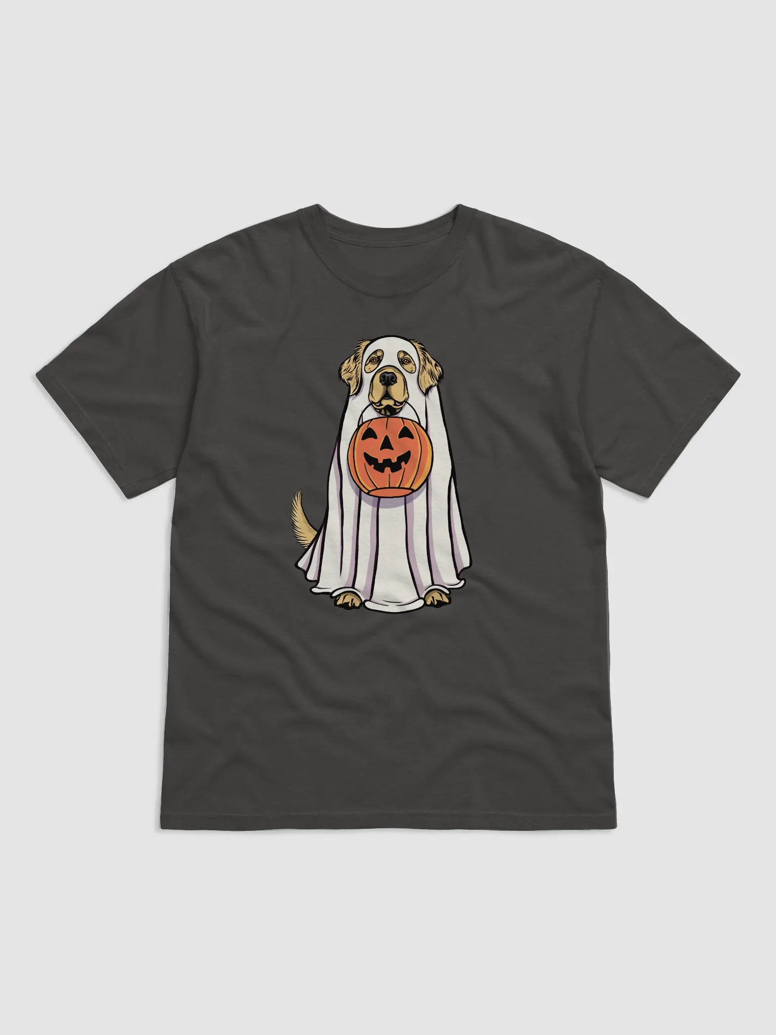 Funny Halloween Golden Retriever T-Shirt | Funny Goldie Wearing a Ghost Costume and Holding a Pumpkin Basket product image (1)