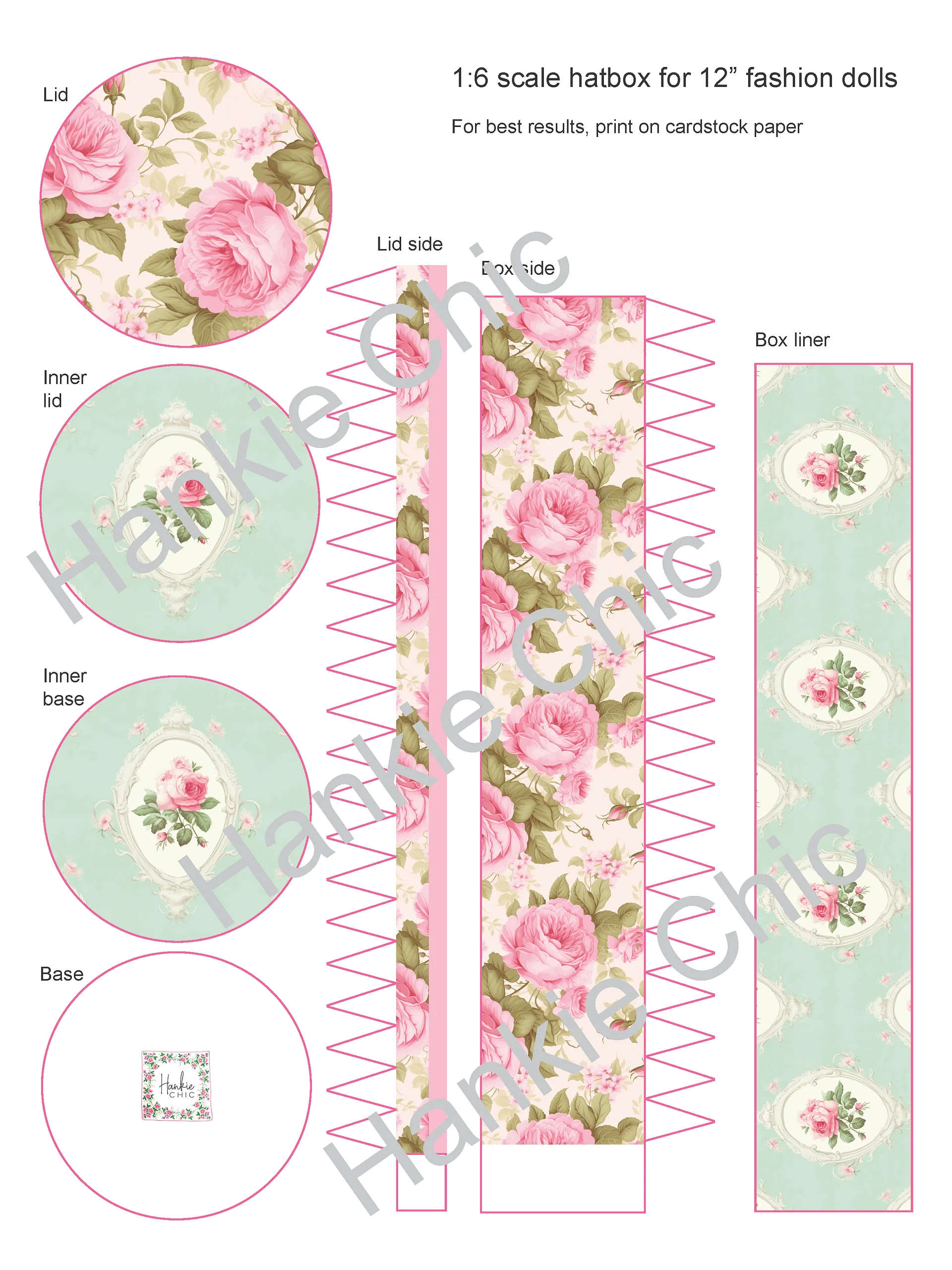 1:6 scale printable PDF hatboxes for 12" fashion dolls product image (7)