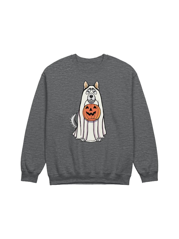 Funny Halloween Siberian Husky Sweatshirt | Funny Husky Wearing a Ghost Costume and Holding a Pumpkin Basket product image (1)