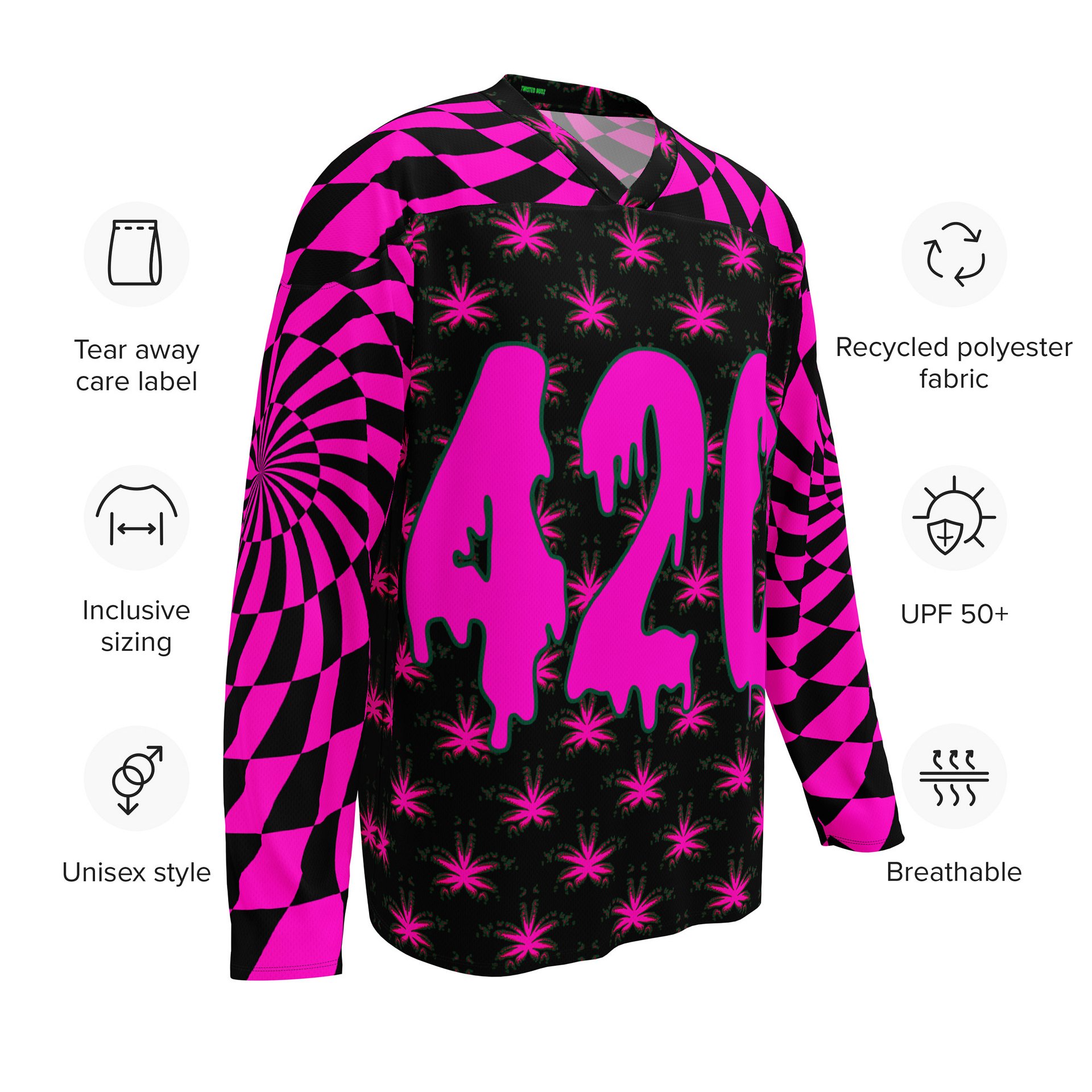 Twisted 420 Rave Hockey Jersey, Trippy Techno EDM Top, Psychedelic Spiral Cannabis Clothing, Weird Weed Festival Wear, Pot Leaf Stoner Shirt product image (9)