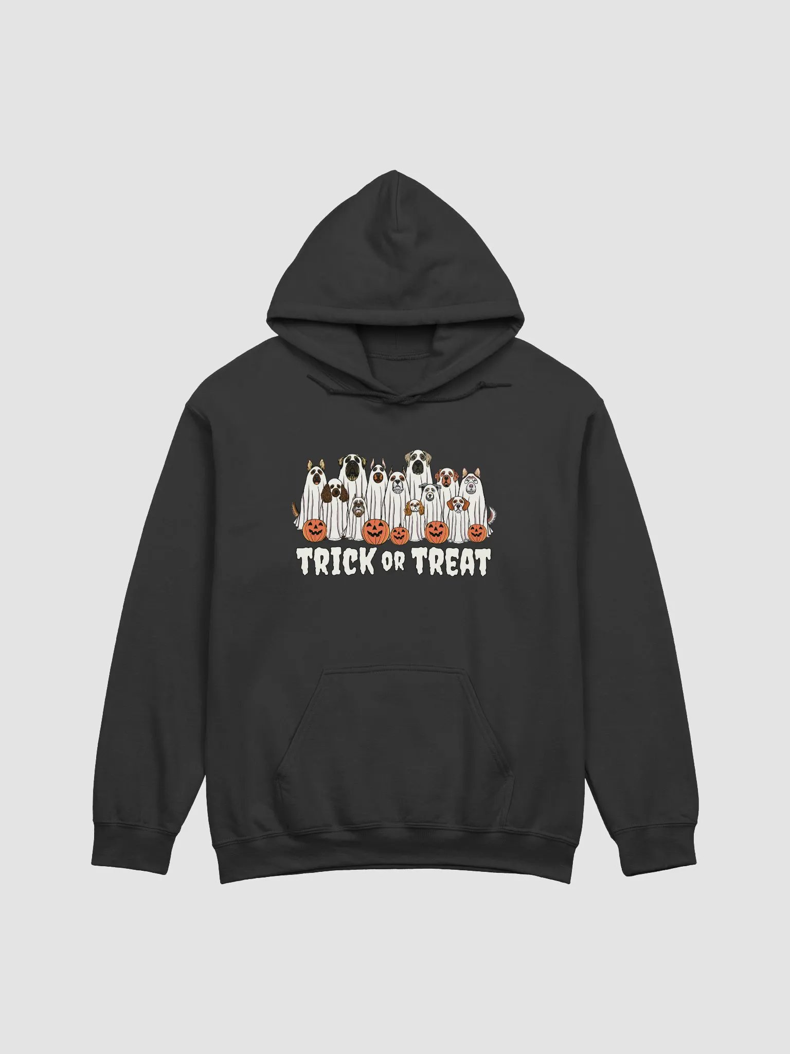 Trick or Treat Funny Halloween Dogs Hooded Sweatshirt | Funny Dogs Wearing Ghost Costumes and Holding Pumpkin Baskets product image (1)