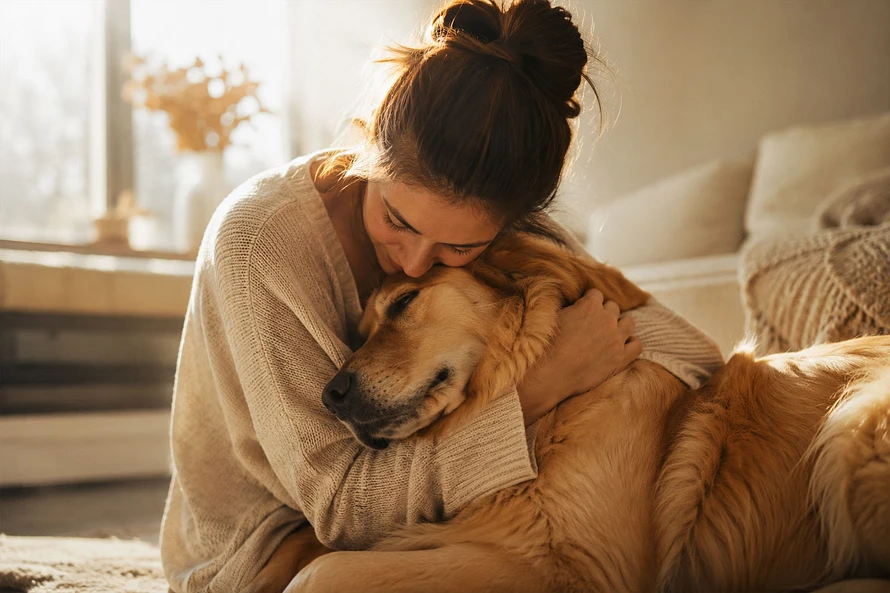 A warm and emotional lifestyle scene showing a deep bond between a dog and its owner at home, representing the idea that dogs are more than just pets.