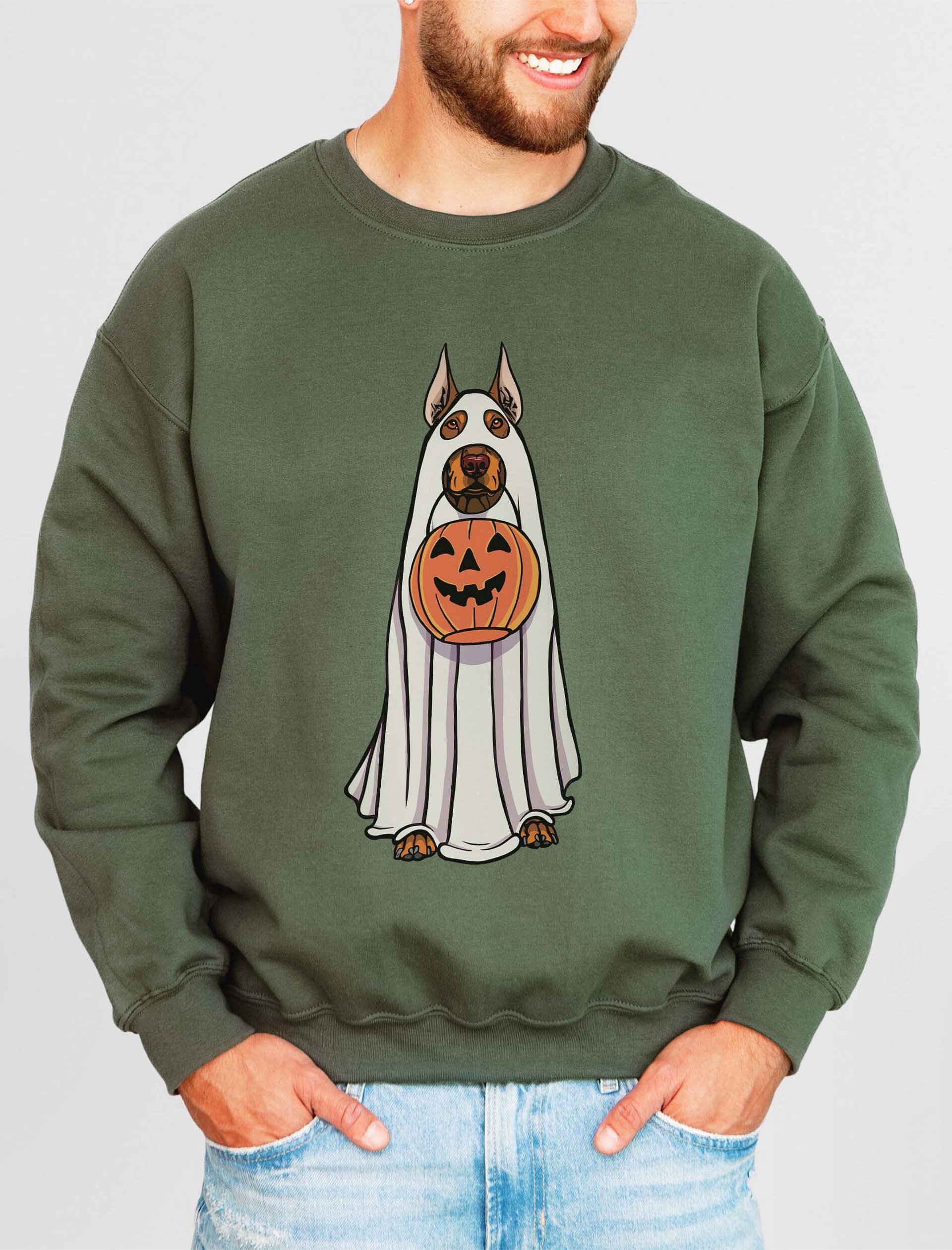Funny Halloween Doberman(Red) Sweatshirt | Funny Doberman Wearing a Ghost Costume and Holding a Pumpkin Basket product image (2)