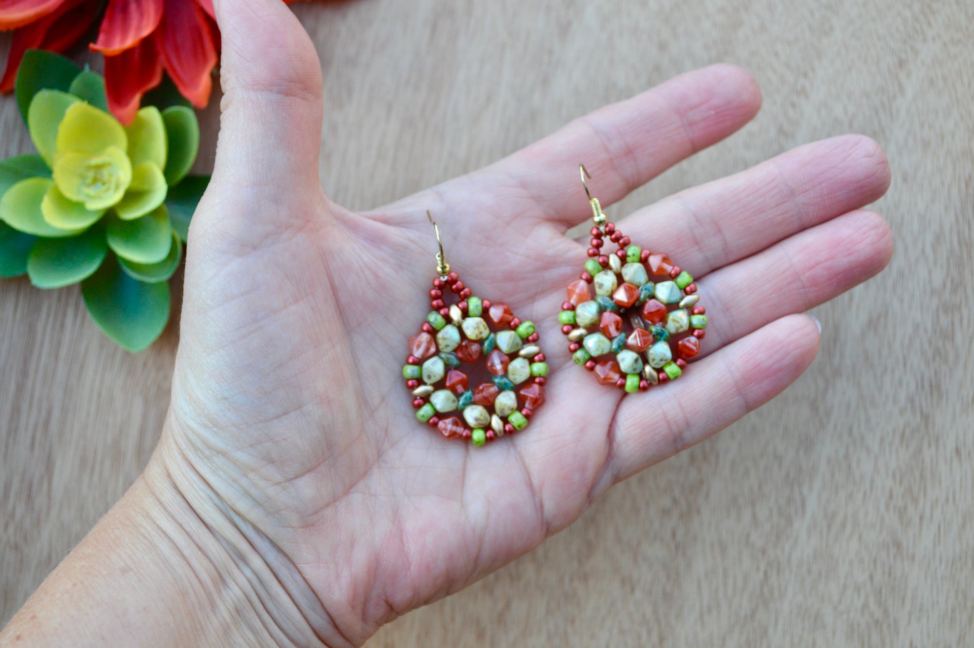 Green and Terra Cotta Beaded Unique Round Handcrafted Dangle Earrings product image (2)