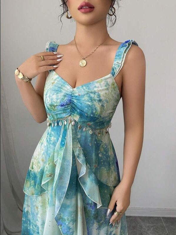 ADLEST Women's Elegant Flutter Sleeve Heart Neckline Cinched Waist Ruffle Layered Asymmetrical Hem A-Line Tie Dye Watercolor Floral Print Long Maxi Dress product image (2)