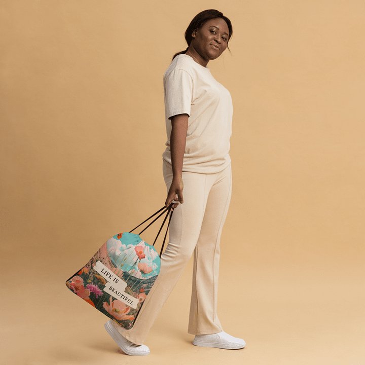 'Life is Beautiful' Mountain Blooms Drawstring Bag product image (2)