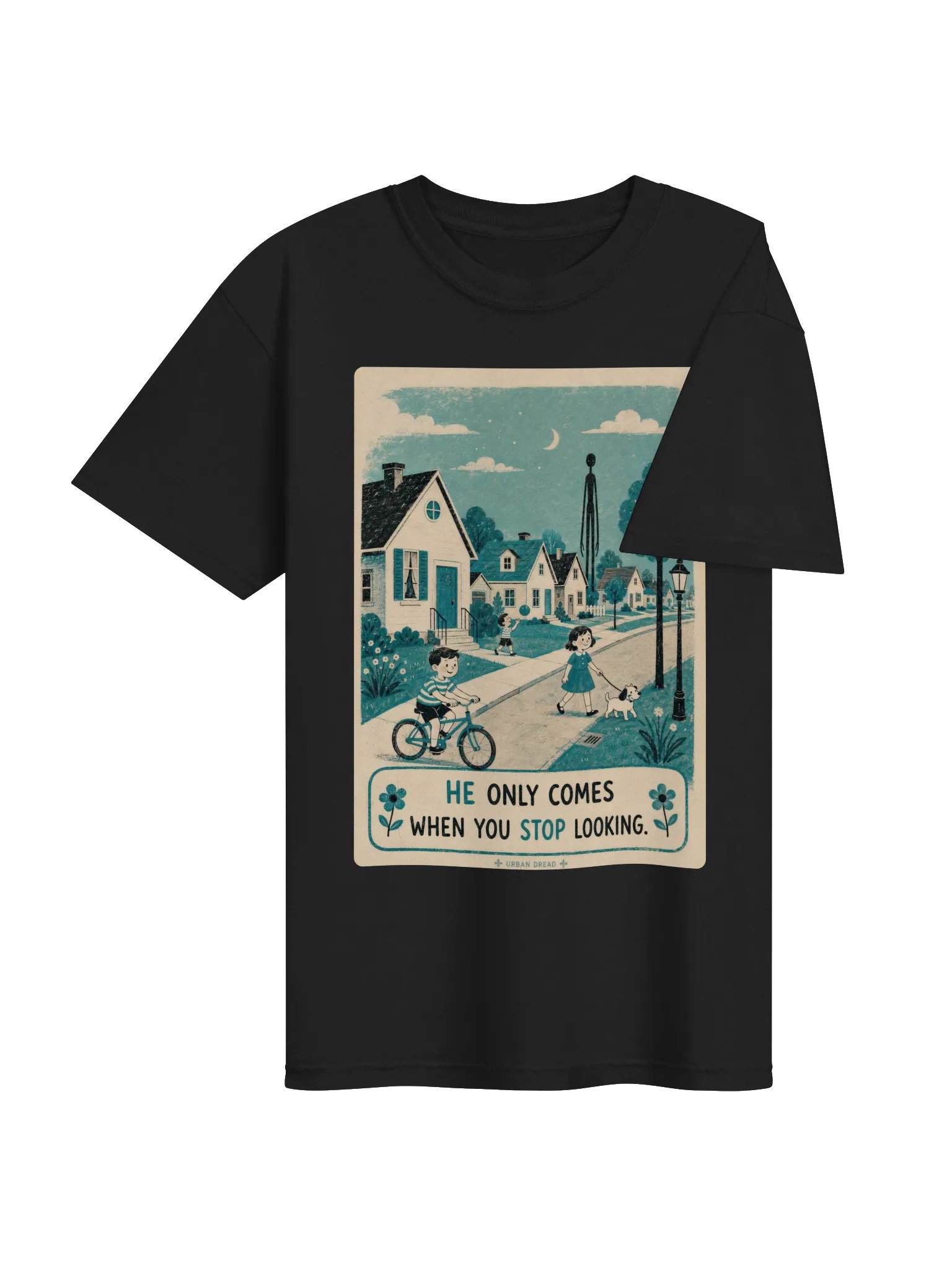 He Only Comes When You Stop Looking — Shadow Figure Horror T-Shirt product image (3)
