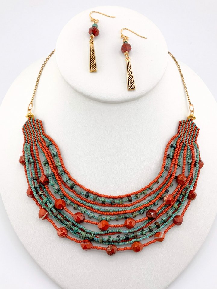 Multi-strand Turquoise and Red Jasper Beaded Necklace Set product image (1)