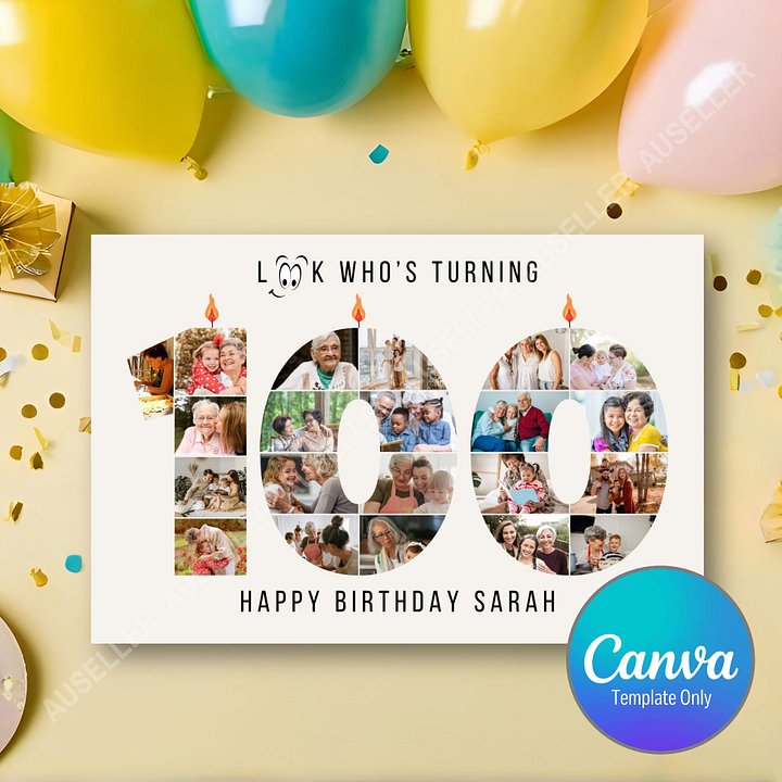100th Birthday Number Photo Card Canva Template product image (1)