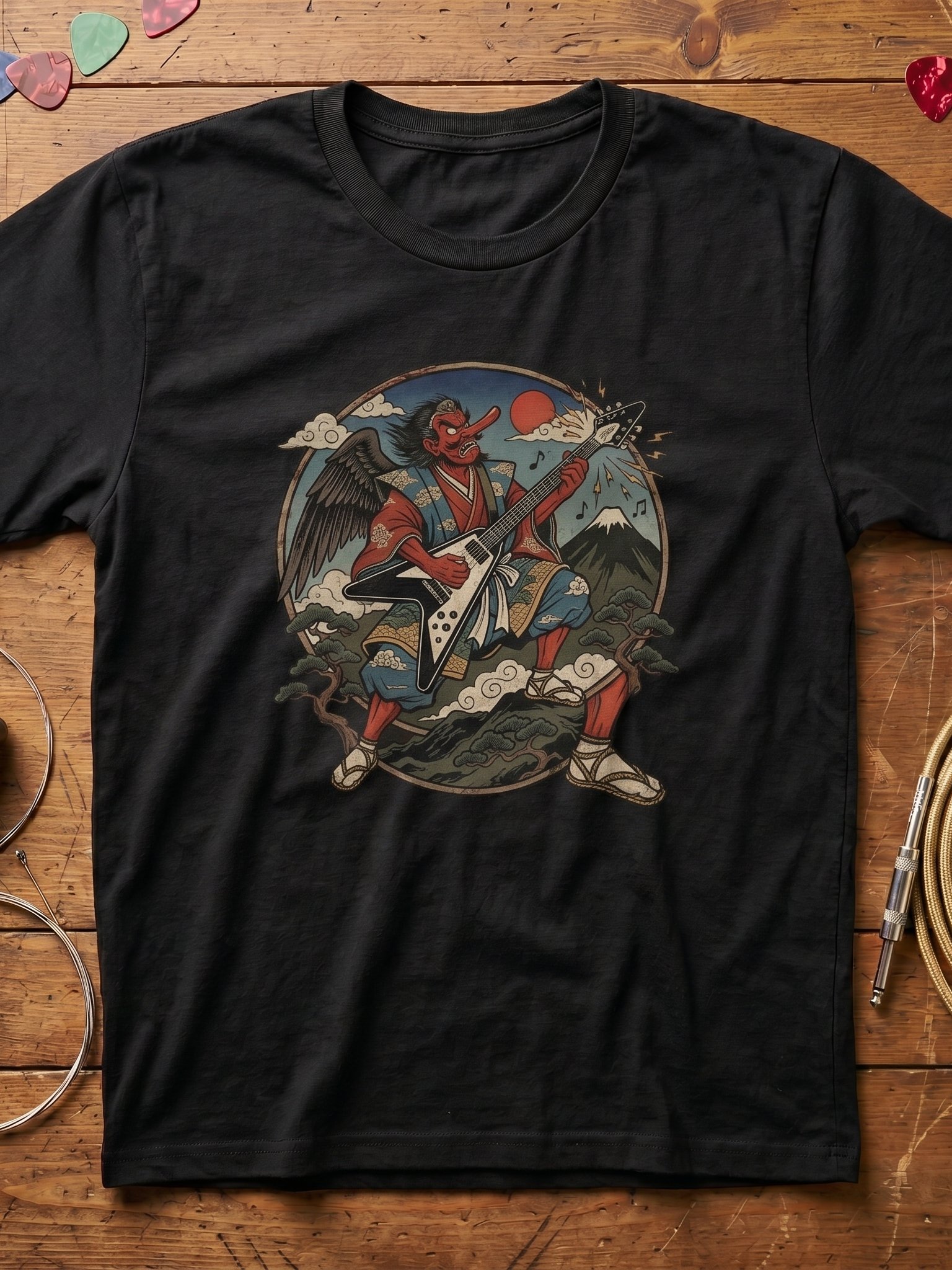 Tengu Shredder Guitar T-Shirt — Japanese Mythology Guitarist Tee | Rock Music Spirit Demon Shirt product image (1)