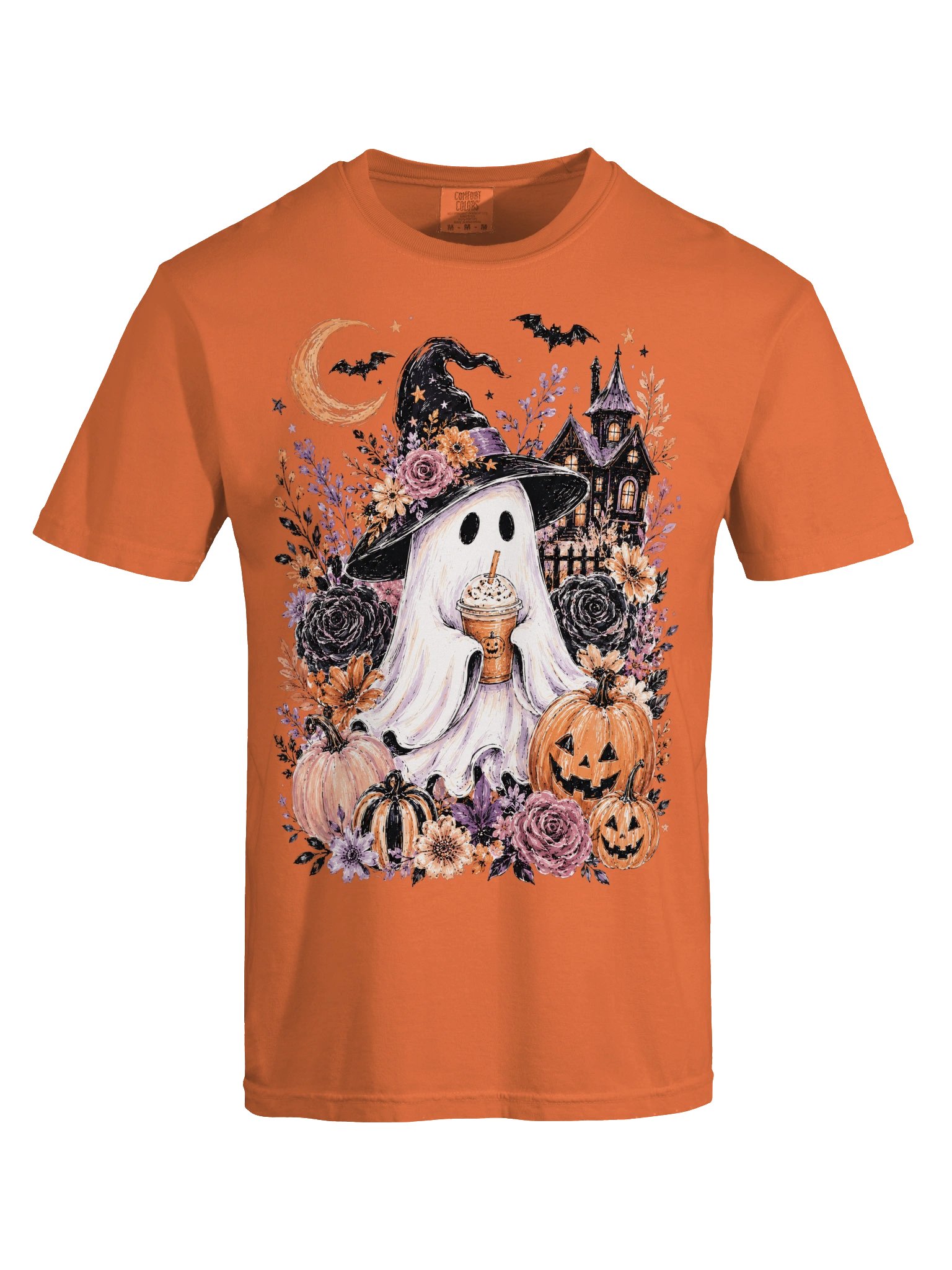 Witch Ghost Drinking Coffee T-Shirt | Spooky Season Floral Pumpkin Tee | Comfort Colors 1717 product image (1)