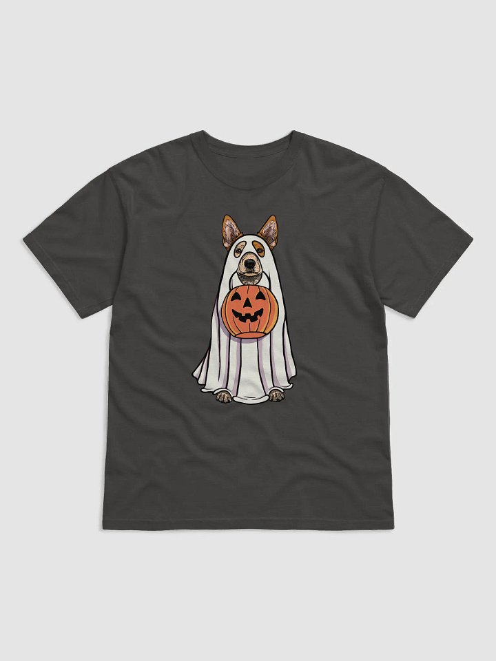 Funny Halloween Australian Cattle Dog T-Shirt | Funny Red Heeler Wearing a Ghost Costume and Holding a Pumpkin Basket product image (1)