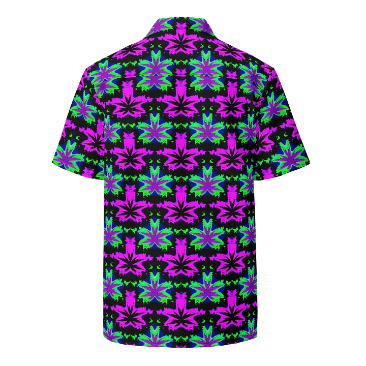 Raver Stoner Summer Button Shirt, Trippy Techno 420 Festival Fashion, Neon Green Pink Black Weird Weed Art Rave Wear, Cannabis Leaf Unisex Clothing product image (2)