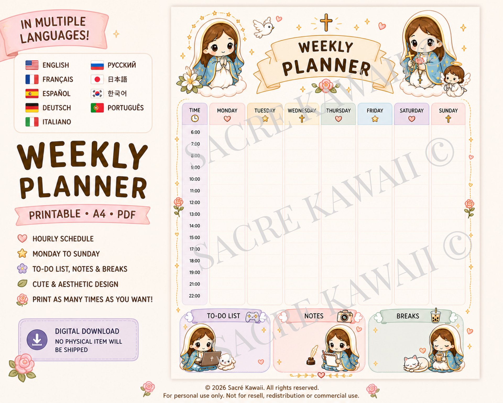 FR/EN/DE/ES/IT/PT/RU/KO/JP Kawaii Weekly Planner Printable | Mary Chibi Style (Digital Download) product image (2)