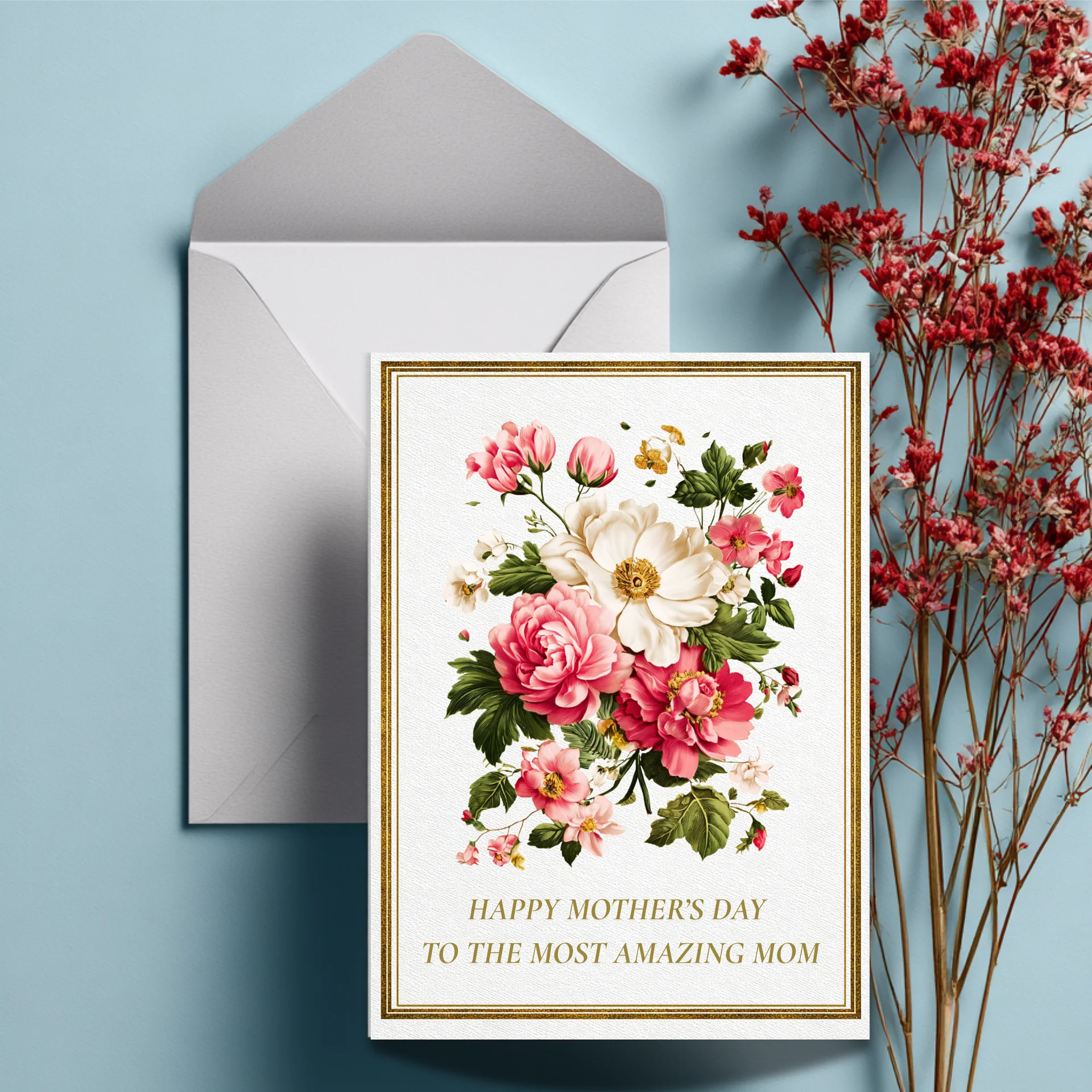 Floral Mother's Day Card, Elegant Gold Border (PDF Printable 5x7 Folded Card) product image (3)