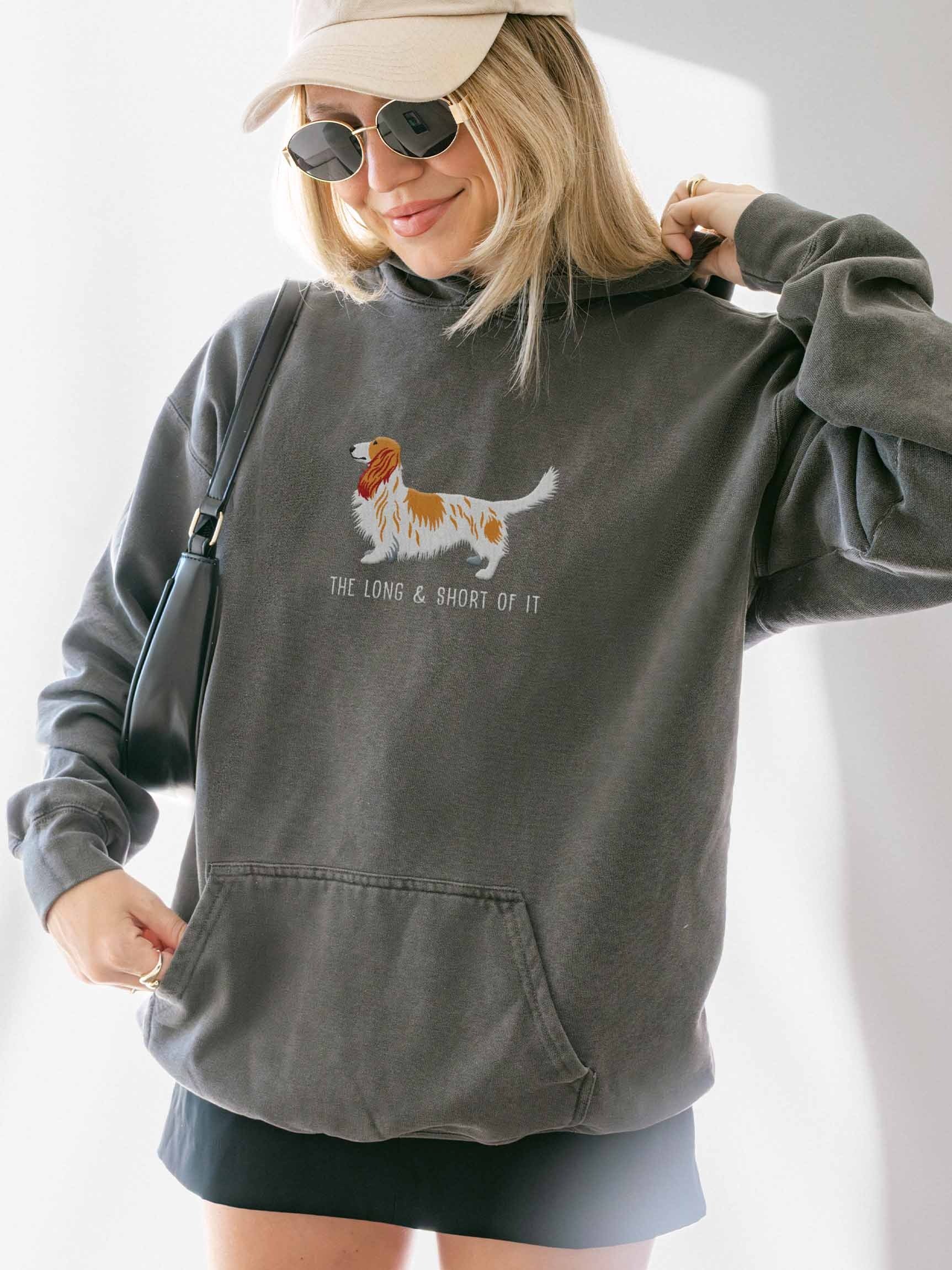 The Long & Short of It Premium Hoodie (Embroidered) of a Longhaired Dachshund(Pied Brown & White) product image (2)