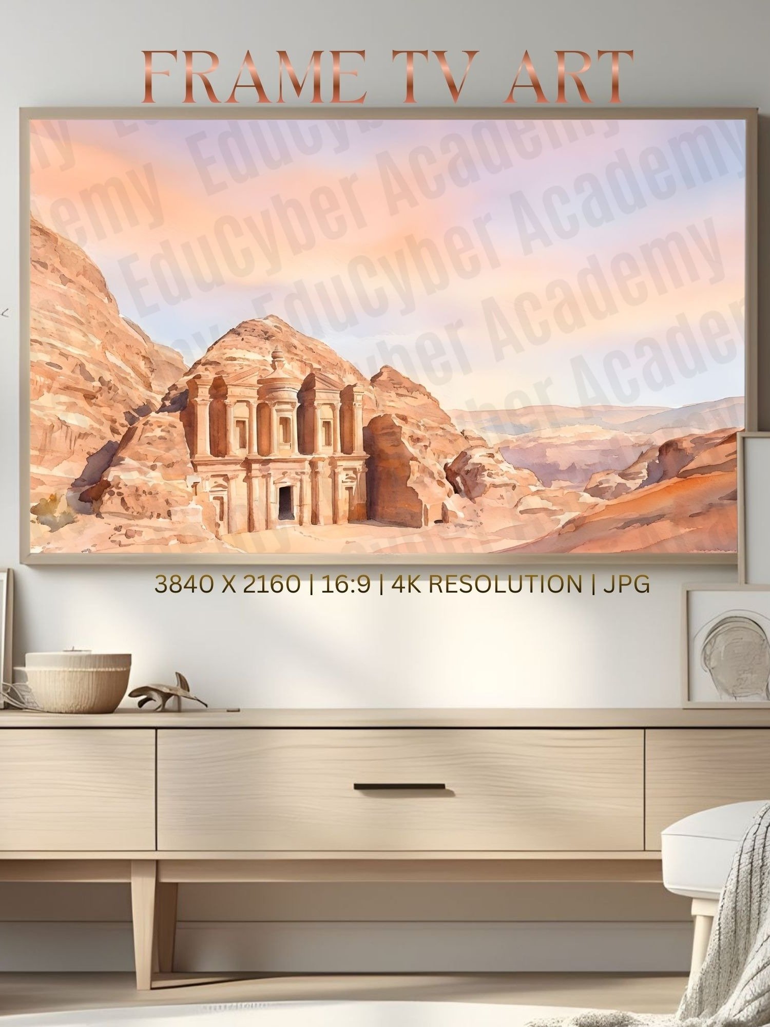 Seven Wonders of the World The Petra in Jordan Pastel Frame TV Art and Desktop Laptop Background Wallpaper Watercolor Image 4K Resolution 300 dpi product image (1)