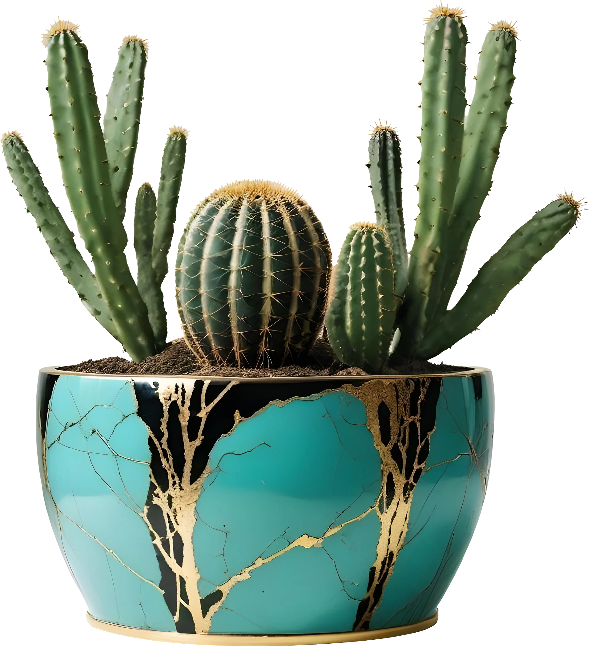 Kintsugi Glow – Turquoise Planter with Golden Cracks PNG product image (1)