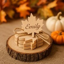 Engraved Wood Fall Wedding Place Cards: Rustic Leaf, Pumpkin, Acorn product image (1)